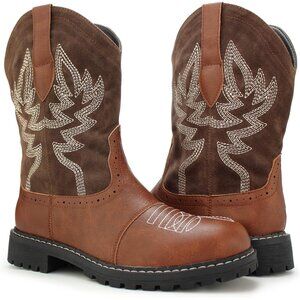 Hawkwell Women's Brown Fashion Mid Calf Round Toe Embroidered Western Boots